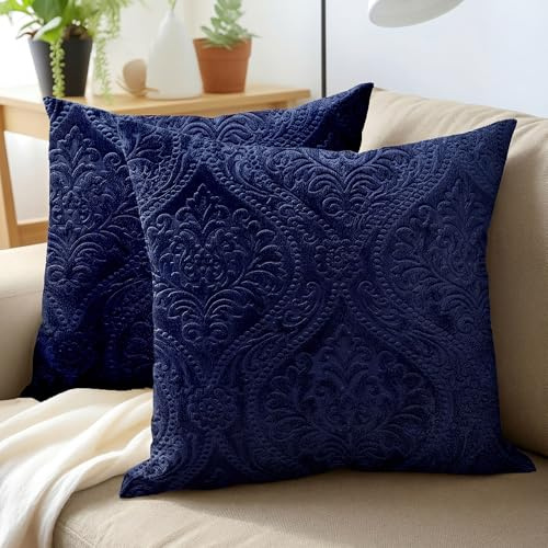 Encasa XO Samt Kissenbezug, ohne Füllung 40x40 cm Blue | Geprägtes Damast-Muster | Weicher Plüsch-Samt | Verdeckter Reißverschluss | Langlebig & Waschbar | 2er-Set