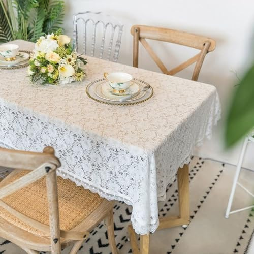 Yaland Jacquard Tischdecke Landhausstil mit Blumenmuster Spitzenoptik sanfte Garten Tischwäsche mit Spitzenkante Tischtuch für Draußen Esszimmer, Küche LxB 140x90cm