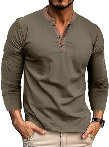MakingDa Henley Maglia Uomo Manica Lunga Bottoni T Shirt Slim Muscle Fit Classic Vintage Maglietta a Maniche Lunghe Camicia Elasticizzata Leggera Casual Sportive Palestra Verde L