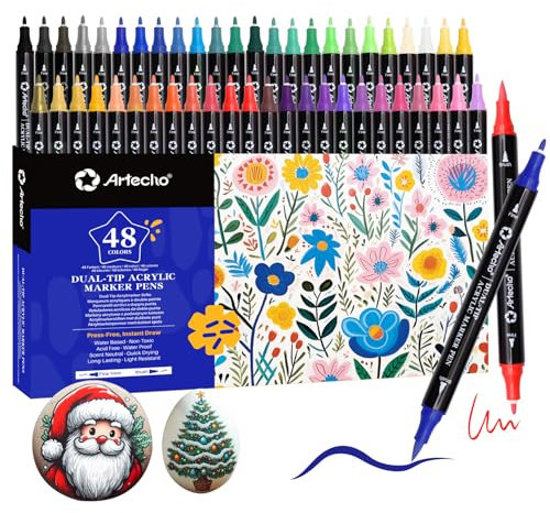 Artecho Acrylstifte 48 Farben, 0.5-5mm Wasserfester Dual Tip Marker (Pinsel und feine Spitze), mit doppelten Enden für Rock Painting, Glas, Papier, Holz, Ei, Leinwand, Keramik, Stoff, DIY Crafts