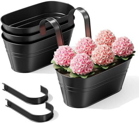 The Fellie 4 PCS Hanging Plant Pot Balcony Over Fence Planters Outdoor For Railing, Garden Planter Large Flower Pots With Detachable Hook, Metal Wall Planter Indoor For Decoration, Black 28*15*17.5CM