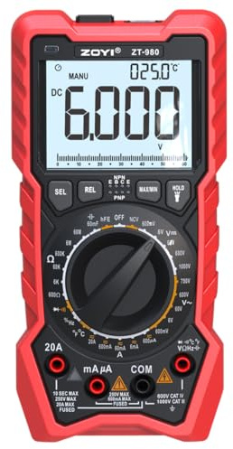 ZOYI ZT-980E Digital Multimeter Transistor Tester 20A True RMS | 6000-count manual range with hFE transistor test, VFC low-pass filter, NCV, temperature, capacitance and CAT IV safety.