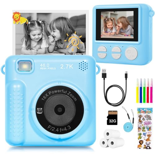 Kids Camera Instant Print, HD Digital Camera for Girls Boys, Birthday Gift Video Recorder Cameras with Color Pens for DIY, 3 Rolls Print Paper & 32GB SD Card, Photo Creator Instant Camera Blue