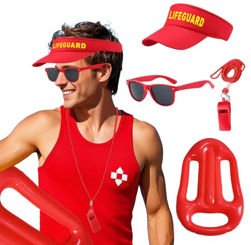 4 pcs Lifeguard Fasching Kostüm Rot Rettungsschwimmer Kostüm Set Erwachsener mit Visor Verstellbare Sonnenschutz hut Sonnenbrille Sportpfeifen Boje Rettungsring Bademeister für Karneval Halloween
