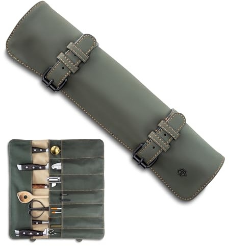 Angus Stoke Mathieu - Borsa per coltelli da cucina in polimero e tela di alta qualità, con 14 scomparti, Verde oliva, Borsa portacoltelli