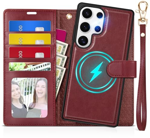 TUCCH Coque pour Galaxy S25 Ultra 5G Cuir Synthétique 2 en 1, Rouge Foncé | Amovible, Dragonne, RFID Blocage, Portefeuille, Fonction Support