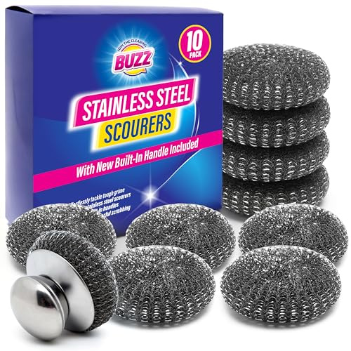 SOL 10pk Stainless Steel Metal Scourers with Handle - 9 Refill Balls | Rust resistant heavy duty kitchen scrubber set for pots, pans and grills, easy grip handles for tough cleaning