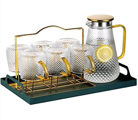 Vintage Tea Set, 9 Piece Hammer Glass Tea Set Water Jug with Cup Holder Nordic Simple Teapot Kettle Coffee Cups Set for Tea Heated Afternoon Tea, Party
