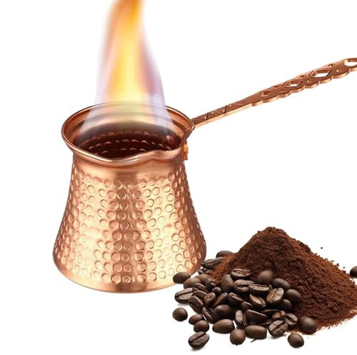 LearnLyrics Cobre más grueso, turco, griego, árabe, cafetera, grabado, estufa, turca, Cezve Ibrik Briki con mango de madera y cuchara, CRYSTALIA Cafetera turca grande de cobre 425 ml Premi