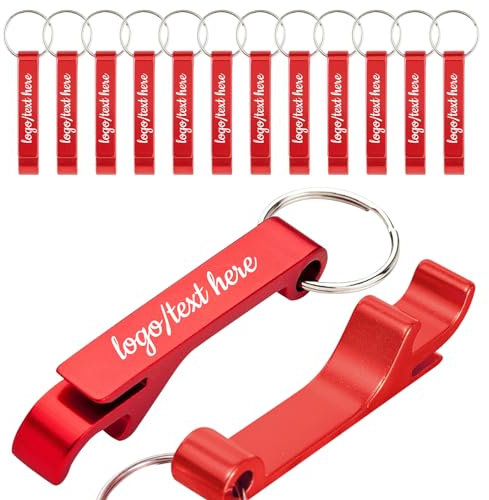 72 piezas Abrebotellas personalizado, llavero con logotipo/texto grabado, abrebotellas de aluminio para fiestas, cumpleaños, bares, bodas, invitados, aniversarios, Navidad (Rojo)