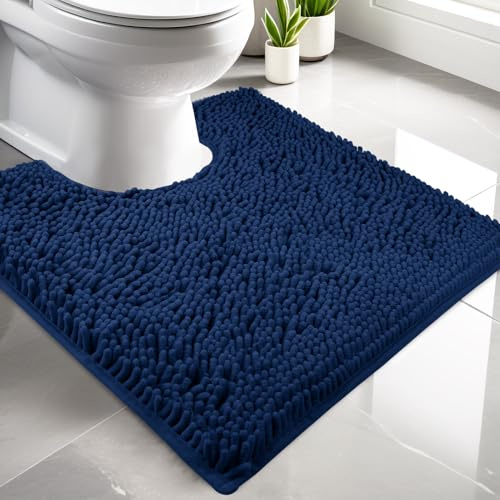 LUSCHEER Absorbent Chenille WC Toilet Rug Non-Slip U Shape Pedestal Mat Bath Mat, Extra Soft Fluffy Bathroom Toilet Mat for Floor, Quick-drying Machine-Washable, 50 x 50 cm, Blue