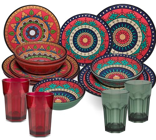 Melamin Geschirr Set Toskana Deep für 4 Personen - 16 Teile Rot-Grün - Mandala-Optik mit farblich passenden Trinkgläsern 400 ml Zubehör Campinggeschirr Wohnwagen Camping Festival Picknick Gartenparty
