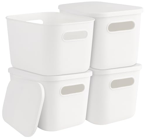 MIVIDE 4 Stück Aufbewahrungskorb Kunststoff mit Deckel und Griff 6L, 26 x 18 x 16 cm Stapelbare Aufbewahrungsbox Weiß für Küche, Badezimmer, Büro