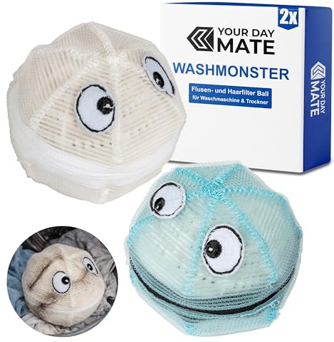 WASHMONSTER Haarfänger für Waschmaschine, Wäschetrockner, 2 Sets, Blau und Weiss, Haarfilter für Tierhaare, Menschenhaare, Flusensieb Fusseln, Ø 106 mm Waschball mit Wäscheperlen, Waschkugel Haarsieb