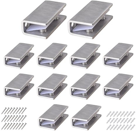 12 Piezas Abrazaderas de Acero Inoxidable Vidrio, Soporte de Estante de Vidrio Ajustable, Clip de Vidrio Pinzas para Sujetar Cristales con Tornillos y Tubo de Expansión para Espesor 8-12mm (12, Plata)