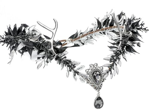 MOSTORY Gothic Blume Geweih Krone - Elf Floral Circle für Dunkle Fee Kostüm Zubehör Damen, Schwarz Elfen Kopfschmuck für Renaissance Renfaire Goth Cosplay Halloween