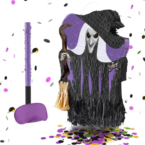WERNNSAI Halloween Pinata – Halloween Hexe Pinata Geburtstag Deko Kinder Junge Mädchen Erwachsene Hexe Piñata mit Stock Augenbinde Konfetti Halloweenparty Dekorationen Mexik Tag der Toten Spiel