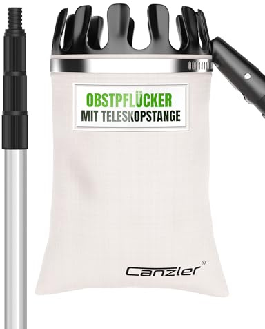 Canzler Obstpflücker mit Teleskopstiel über 4 m, reißfester Baumwollbeutel | leicht & stabiler Apfelpflücker aus dickem A3 Stahl. Flexibel einstellbarer Obstsammler geeignet für Äpfel, Birnen, Kirschen