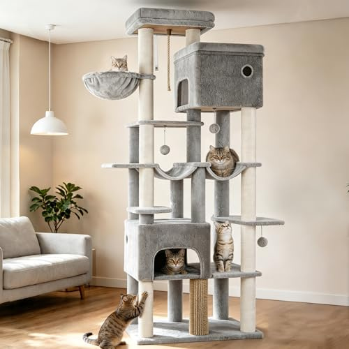 Hzuaneri 200 cm Stort Klösträd, XXL Klösträd med 2 Klösträd Och 10 Sisalträ, Tungt Katttorn för Maine Coon, Inkluderar 2 Hängmattor Ljusgrå MS20018LG
