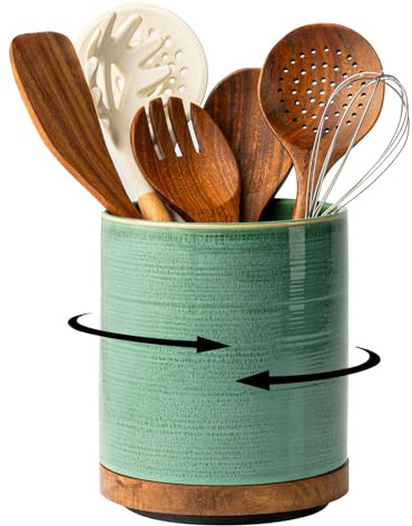 MIKIGEY Utensil Holder, 360° Rotating Extra Large Ceramic Kitchen Utensil Holder for Countertop, Cooking Utensil Crocks for Kitchen Counter with Rotatable Wooden Base, Farmhouse Decor, Forest Green