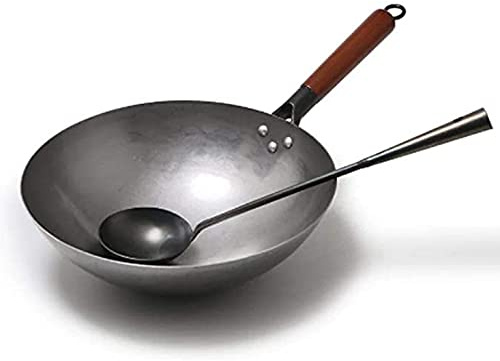 JYBNBBE Wok in Ferro Tradizionale Cinese Fatto a Mano, Grande, con Manico in Legno, Antiaderente, pentola a Gas, pentole da Cucina - Diametro pentola: 36 cm,Gold-Pot Diameter:34cm