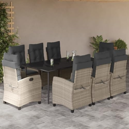 Yunovire 9-TLG. Garten-Essgruppe mit Kissen Hellgrau Poly Rattan, verstellbare Relaxsessel, Glastisch 200x100 cm, für Terrasse, Balkon, Außenbereich