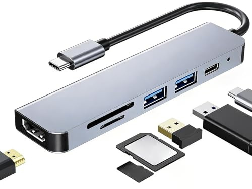 USB-C Hub 6 in 1 mit PD 100W, Multiport Adapter mit 4K HDMI | Docking Station für USB 3.0/2.0 & SD/TF-Kartenleser, Typ C auf HDMI Adapter, für MacBook Samsung Laptop Tablet
