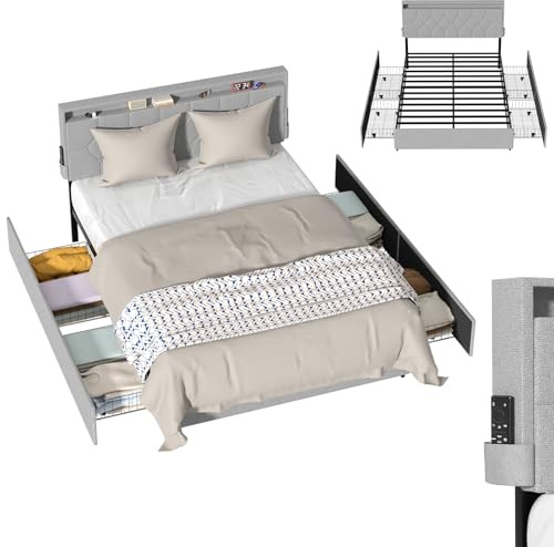 LZQ Polsterbett mit Schubladen 140x200 cm, Bettgestell Stoffbett mit Stauraum, Bettrahmen mit gepolstertem Kopfteil, Lattenrost, Funktionsbett Stauraumbett Doppelbett Schlafzimmer, Hellgrau