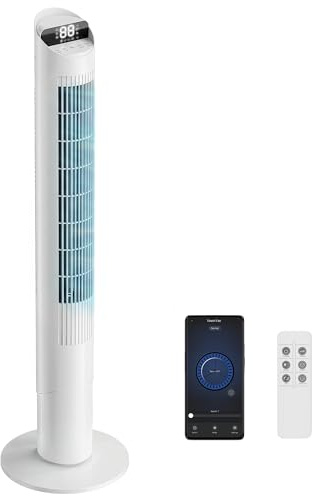 HOMCOM Tower Fan for Bedroom, 40 inch, 7 m/s Powerful Velocity, Standing Floor Fan with 65° Oscillating, 4 Modes, 6 Speeds, APP Remote Control, 12 Hour Timer, LED Display, White
