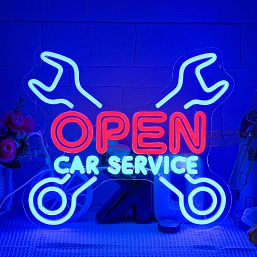 LULANMP Garage Öffnen Neon Schild Car Service Open LED Schild Reparatur Leuchtreklame Farbenfroh Leuchtschild für die Garage Männerhöhle Einkaufszentrum Dekoration