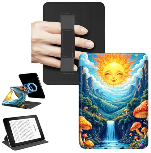 RWUTYTIUL Magnetic Detachable Case for 6 Kindle Paperwhite 11th Generation 2022 & 2024, 360 Rotating Stand Protective Cover with Convenient Hand Strap Removable Shell, Stream Sun Mushroom