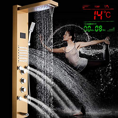 Rain Waterfall Led-Duschpanel Väggmonterad Med Digital Display Varm- Och Kallblandare - Guld