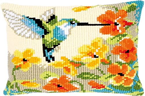 VERVACO Kreuzstich Stickpackungen Kissen Stickerei Set Anfänger Vorgedruckt Kolibri m. Blumen DIY Set Kreativ Set Für Erwachseneca. 40 x 40 cm Bastelset Handwerker Haus Dekoration
