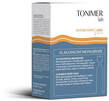 Tonimer Lab Hypertonic – Flaconcini 18 x 5 ml – Soluzione Ipertonica di Acqua di Mare – Decongestionante Mucose in Fasi Acute di Riniti allergiche Sinusiti e Rinosinusiti – Ideale anche per Aerosol