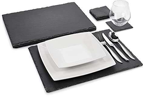 Sänger | Schieferplatten-Set Dinner, Moderne Untersetzer aus Schiefer für 4 Personen, Eckige Servierteller & Untersetzer