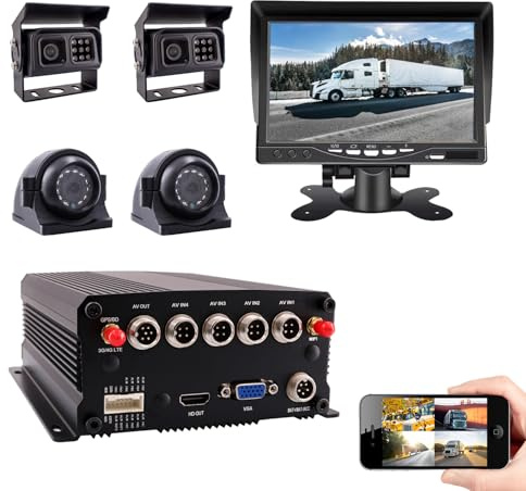 JOINLGO 4 Channel G-Sensor GPS WiFi 1080P AHD 2TB HDD Hard Disk Mobile Car DVR MDVR Video Recorder Kit Real-time Monitor on PC Phone with 4pcs 1080P Side Rear View IR Car Camera 7 inch Car Monitor