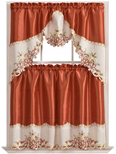 GOHD Arch Floral Kitchen Curtain Set,Floral Embroidery with cutworks,Rust