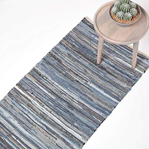 Homescapes Denim-Teppichläufer 66x200 cm, blau gestreifter Flickenteppich handgewebt aus recyceltem Jeansstoff, Chindi-Stil, Flachgewebe, jedes Exemplar EIN Unikat