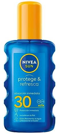 NIVEA SUN Protege & Refresca Spray Solar FP30 (1 x 200 ml), spray con protección UVA/UVB, protección solar alta invisible, crema solar refrescante y resistente al agua