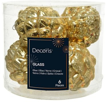 Christmas Decoration Christbaumschmuck Zapfen Glas 7cm x 6 Stück Weihnachtskugeln hellgold