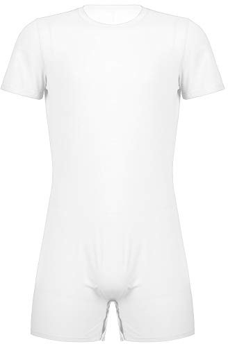 Alvivi Herren Body Overall Kurzarm T-Shirt Hemd Tops Einteiler Männerbody mit Druckknöpfe im Schritt Slim Fit Unterhemd Boxershorts Weiß M