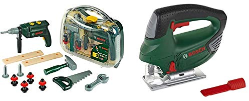 Theo Klein Bosch Werkzeugkoffer, groß I 16-teiliges Werkzeug-Set I32 cm x 8 cm x 29 cm & Bosch Stichsäge I Batteriebetrieben mit Stichsägenbewegungen, Licht-und Soundeffekten I 14,5 cm x 17 cm x 5 cm