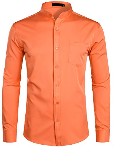PARKLEES Chemise élégante à col grand-père pour homme, coupe ajustée, manches longues, boutonnée avec poche