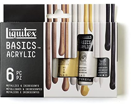 Liquitex 3699399 Basics Acrylfarben Set Metallic/Irisierend – 6 x 22ml Tuben, lichtechte Künstler-Acrylfarben, brillante Farben, ideal für Mixed Media, Acrylmalerei & Modellbau