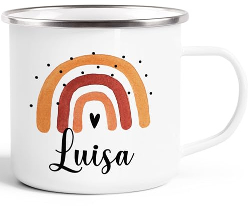 SpecialMe® Emaille-Tasse Kinder mit Name bedruckt Motiv Regenbogen personalisierbar Becher personalisierte Geschenke Weiss-rot-metall Emailletasse