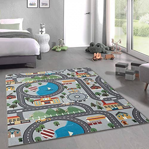 CARPETIA Kinderteppich Stadtlandschaft Straßen Grau 80x150 cm | Rutschfest, strapazierfähig, hautsympathisch und schadstofffrei, OEKO-TEX geprüft, für Fußbodenheizung & Kinderzimmer