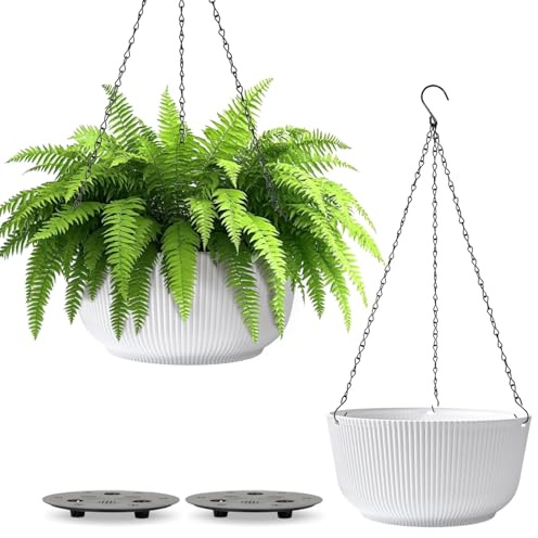 T4U Pots de Fleurs Suspendus 25 cm (10 Pouces), Pots de Fleurs d’Intérieur pour Plantes, Pot Suspendu Blanc avec Drainage, Design Strié, pour Amateurs de Plantes, Balcon et Maison, Lot de 2