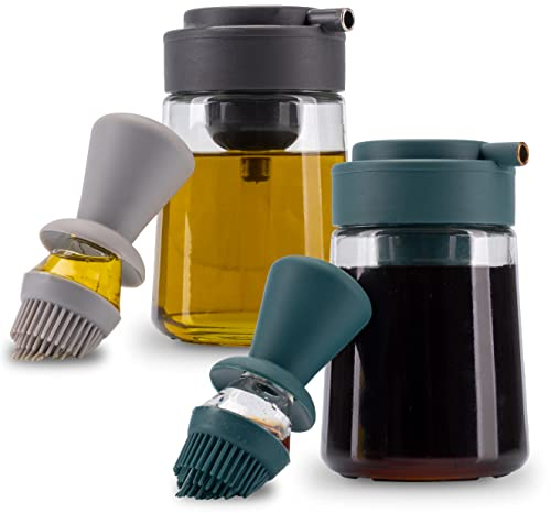 Fino Casa 2er Set 3in1 Ölflasche mit Pinsel und Ausgießer Ölspender zum dosieren Ölsprüher mit Silikonpinsel Glasflasche 350ml Öl oder Essig Backpinsel (2er Set: 1x Anthrazit & 1x Dunkelgrün)