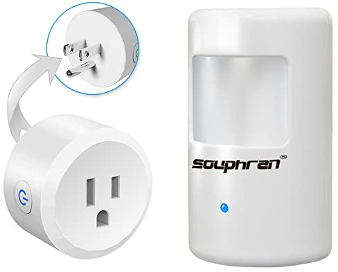 Souphran Plug-in Wireless Motion Activated Light Control, No Wiring, 130 Ft RF Range, Adjustable Detection Range, Always-on Timer and Light Sensor, Motion Detector and Plug Set