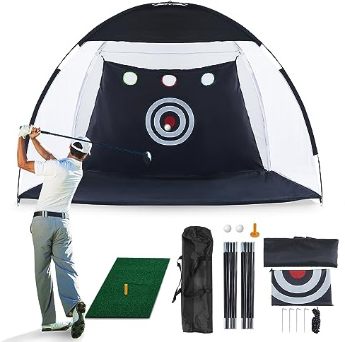 CLIPOP Golf Hitting Net with Chipping Target Pockets, Turf Mat, 2 Balls, Tee and Carry Bag for Home Indoor Outdoor Backyard Sports